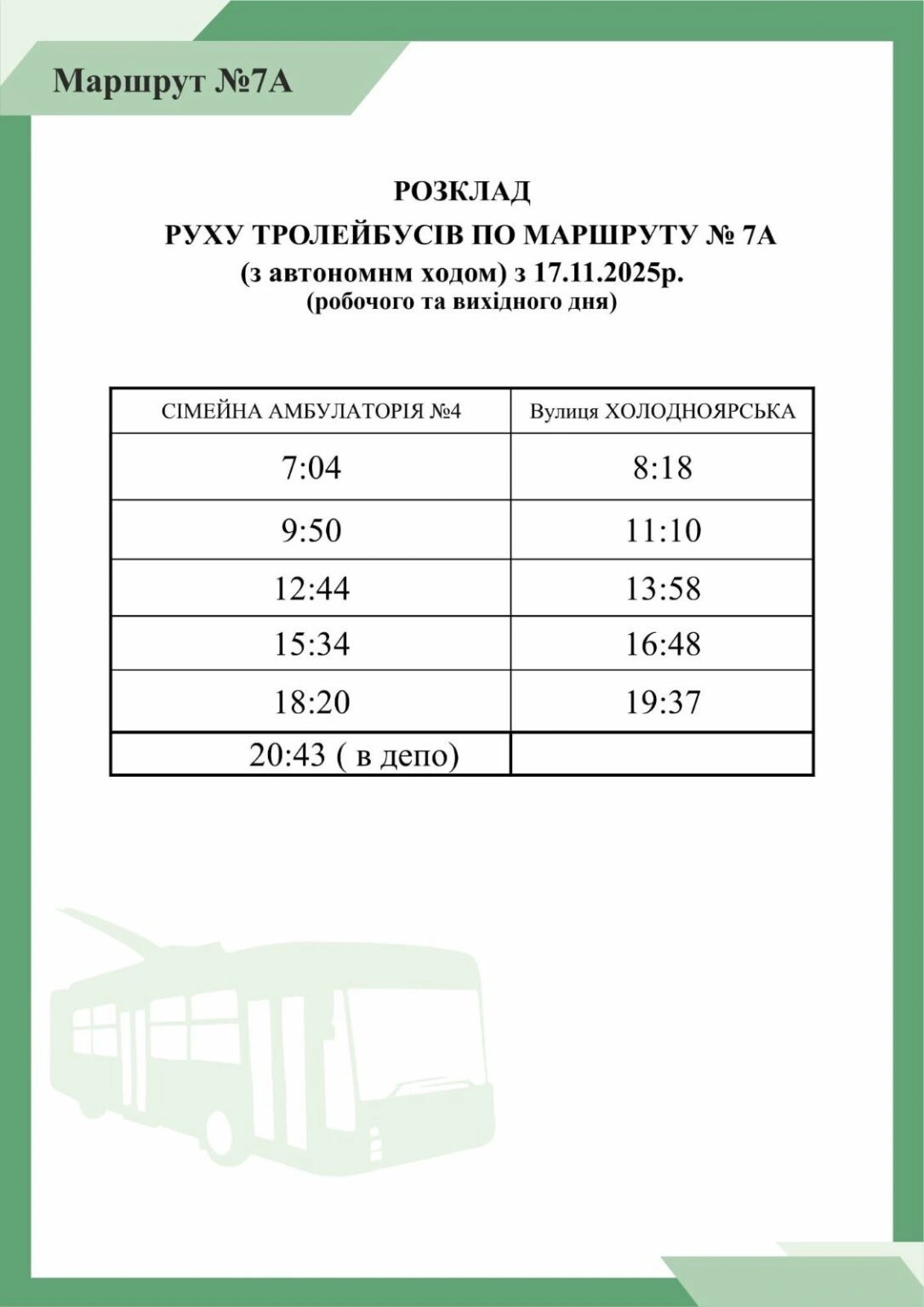 Змінено графік руху тролейбусів №7 та №7А у Кропивницькому: розклад