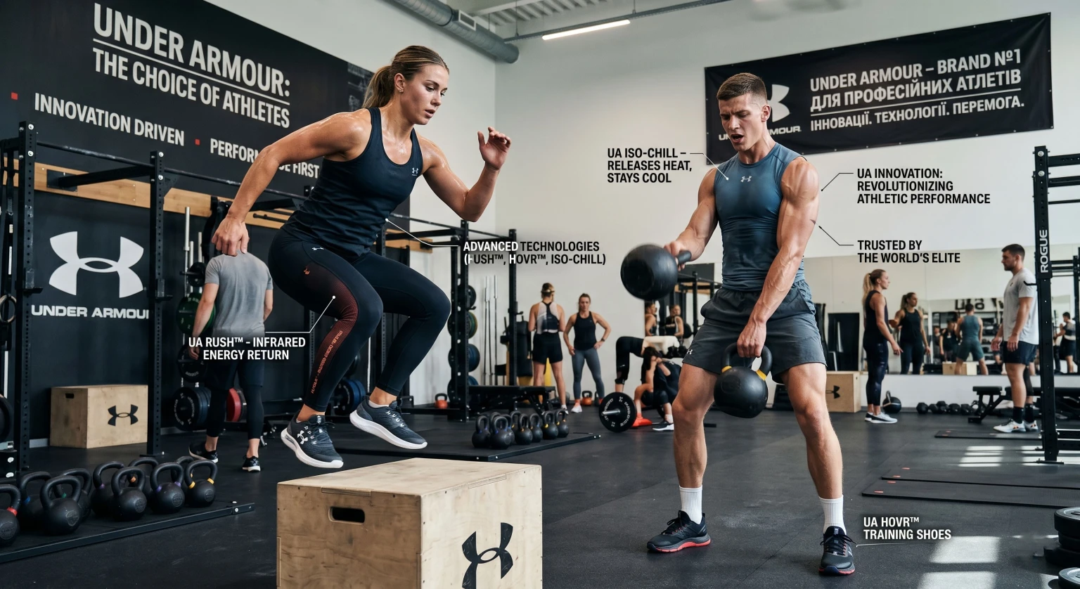 жінка та чоловік одягненні в одяг Under Armour у спортзалі