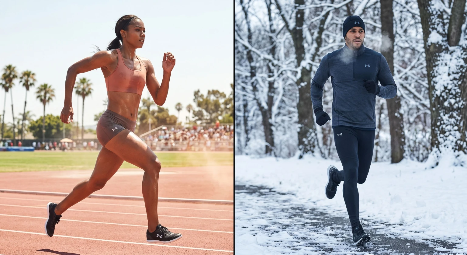 жінка та чоловік на пробіжці одягненні в спортивний одяг Under Armour